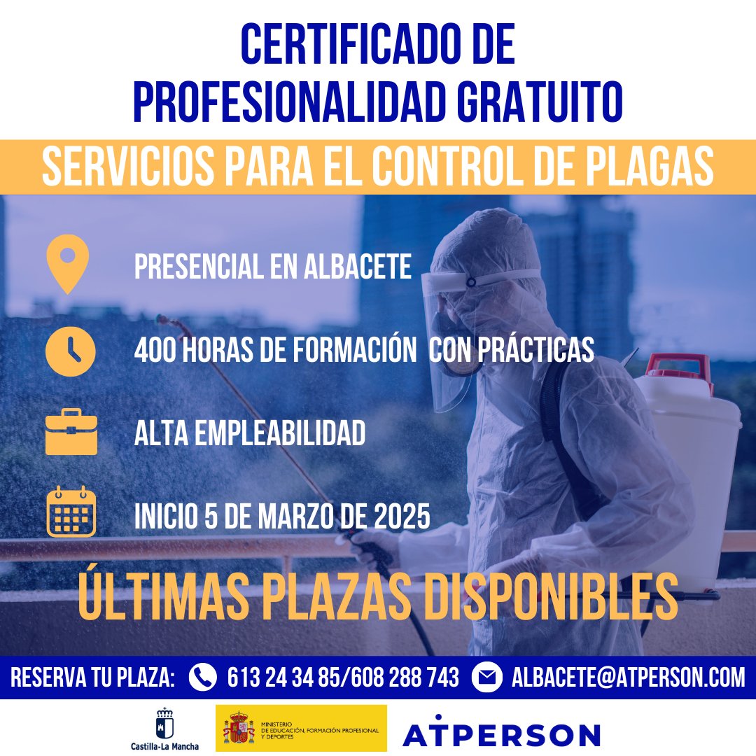 AtpersonForma's tweet photo. 📢 ¡Últimas plazas en Albacete! 🚨

🦠 Curso gratuito de Servicios para el Control de Plagas 📚

📍 Albacete | 🗓️ Inicio en marzo
🎯 Para desempleados de Castilla-La Mancha
📞 613 24 34 85 / 608 288 743
📧 albacete@atperson.com

#FormaciónGratuita #Albacete #ControlDePlagas https://t.co/JH1TaD6Oiw