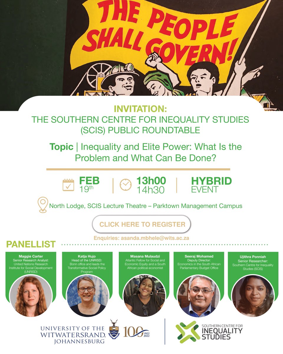 How does elite power fuel inequality? What can be done to challenge it?

Join our roundtable on 19 Feb, 13:00–14:30 (SAST) to explore elite capture in India &amp; South Africa with experts from <a href="/UNRISD/">UNRISD</a>, <a href="/Wits_SCIS/">Southern Centre for Inequality Studies</a>, <a href="/LSEInequalities/">LSE Inequalities</a> &amp; UWC.
📍Hybrid
🔗 Register:bit.ly/3Ql9QMr