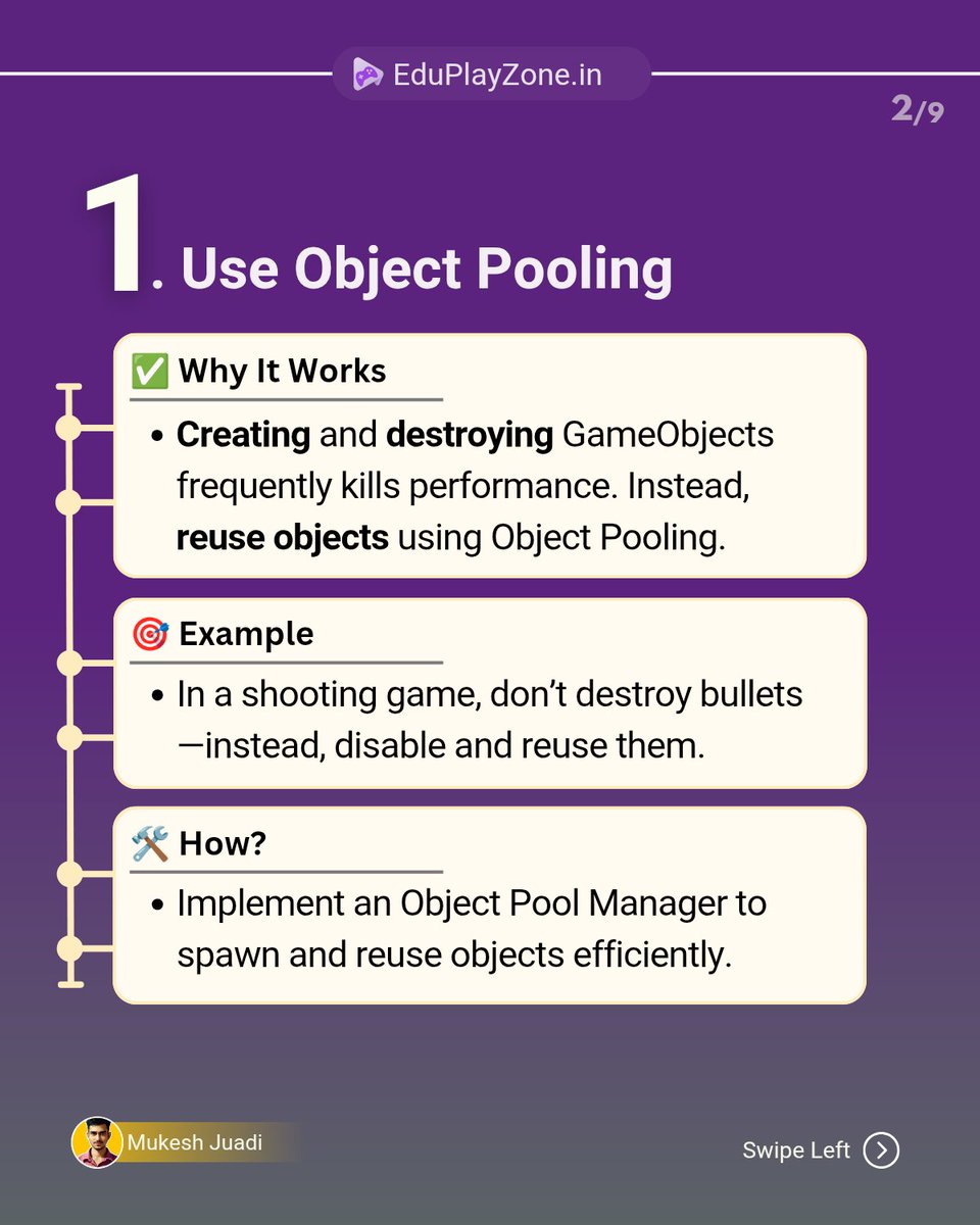 mukeshjuadi's tweet image. 1️⃣ Use Object Pooling ♻️
🔹 Creating & destroying objects frequently kills performance.
🔹 Reuse objects instead of destroying them.
🎯 Example: In a shooting game, disable & reuse bullets instead of destroying them!
#UnityTips #GameOptimization