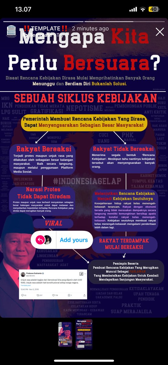 Cindrugrella's tweet photo. INSTAGRAM STORY TEMPLATE
Seruan Aksi #IndonesiaGelap 

“Unjuk rasa adalah bagian dari demokrasi kita yang dijamin oleh UUD 1945. Unjuk rasa adalah hak konstitusional setiap warga negara.”
- (Bapak @prabowo, 2014)

Bersama, kita benar dan melawan.

PRANALA:
https://t.co/qlf1Iz8Ybz https://t.co/5Ql7g1LilK