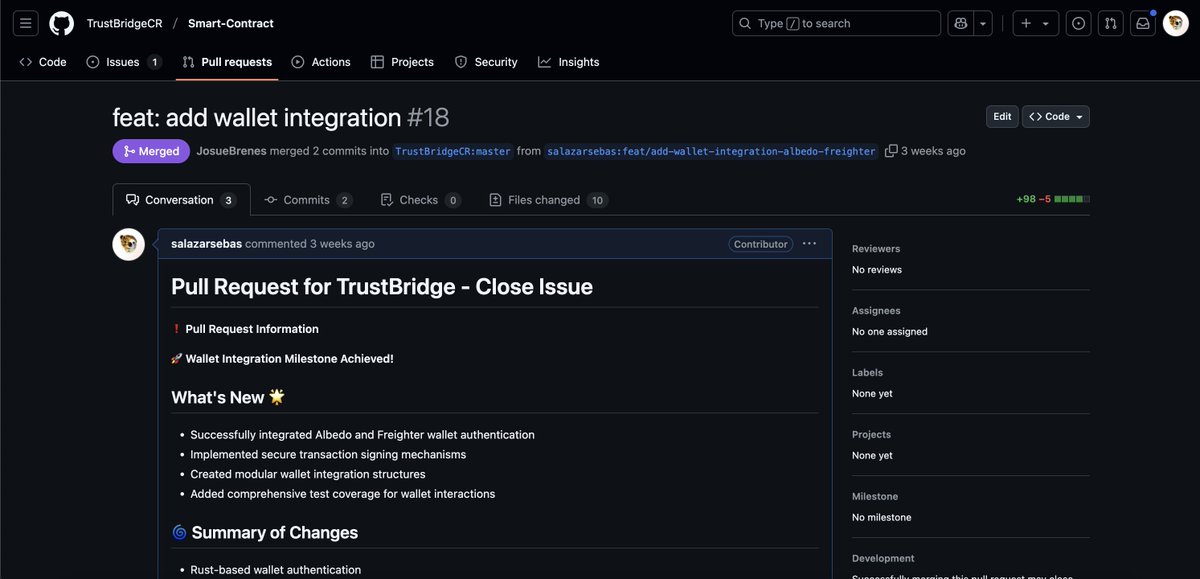 Salazar⌨️⛩️ (@ssalazar_dev) on Twitter photo TrustBridge <a href="/TrustBridgecr/">TrustBridge</a> :
In this project I implemented all the integration and testing of the wallet in Stellar.
Technologies: Rust
Pull Request: github.com/TrustBridgeCR/… TrustBridge <a href="/TrustBridgecr/">TrustBridge</a> :
In this project I implemented all the integration and testing of the wallet in Stellar.
Technologies: Rust
Pull Request: github.com/TrustBridgeCR/…