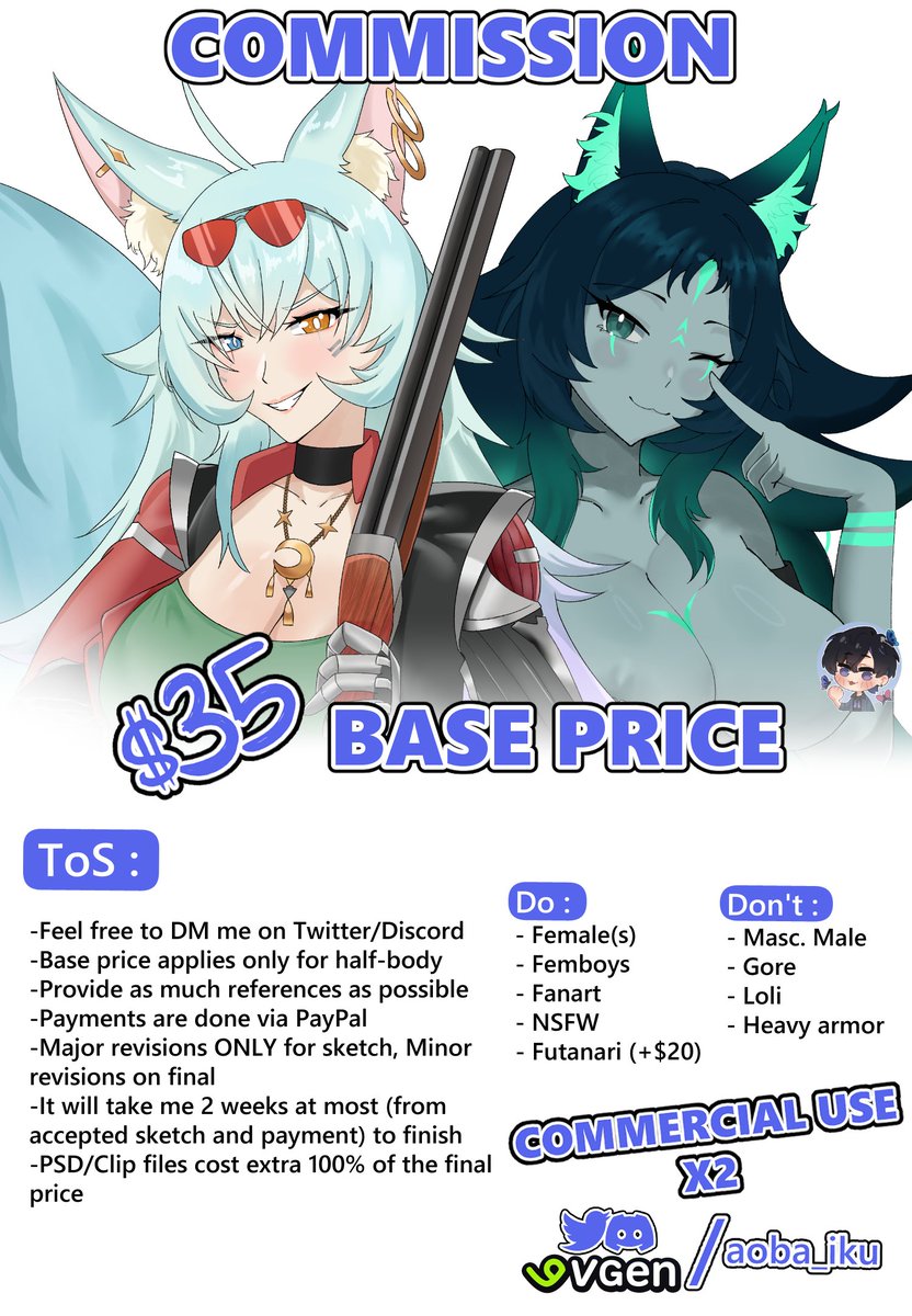 ALWAYS OPEN FOR COMMS !!!!! (i really need to up my gpu, its nearing its retirement age)

FEEL FREE TO DM ME ANYWHERE

you can also order via VGen.... (tbh my ToS are a lot more detailed there), gonna put the link on reply. Thankss!!