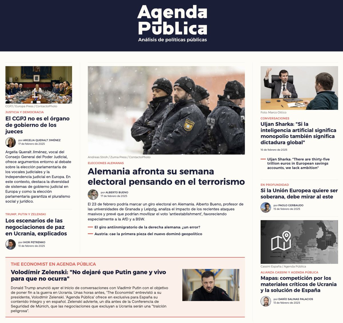 📰Portada del día en Agenda Pública

📌 Alemania afronta su semana electoral pensando en el terrorismo
El 23 de febrero podría marcar un giro electoral en Alemania. <a href="/AlbertoBueno_/">Alberto Bueno</a>, profesor de las universidades de Granada y Leipzig, analiza el impacto de los recientes ataques