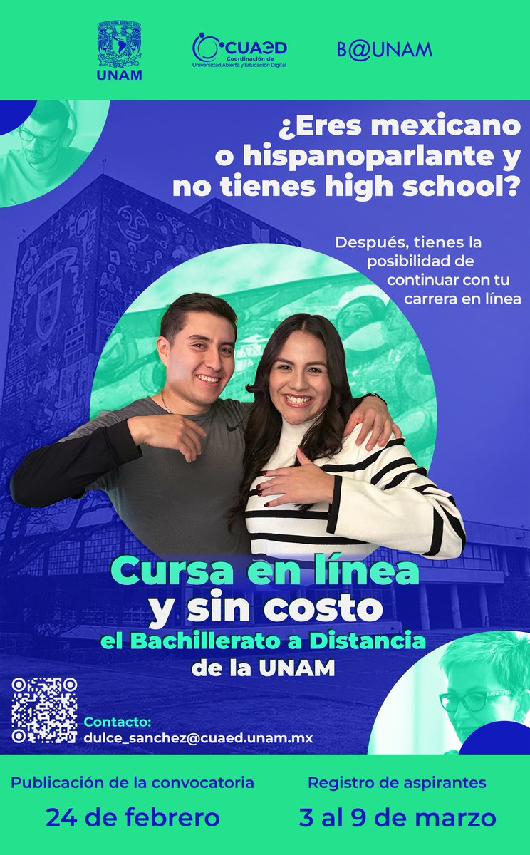 EmbaMexQatar's tweet photo. ¡Accede a una educación de excelencia con la UNAM 🇲🇽 desde Qatar🇶🇦! 

📚 Estudia el bachillerato en línea con B@UNAM y asegura tu pase reglamentado a licenciaturas a distancia en la @UNAM_MX 🌎

📅 Regístrate del 3 al 9 de marzo: https://t.co/J5Ie2fuk3N

#EducaciónIMME #Ciesdemex https://t.co/w8KE9m5CMs