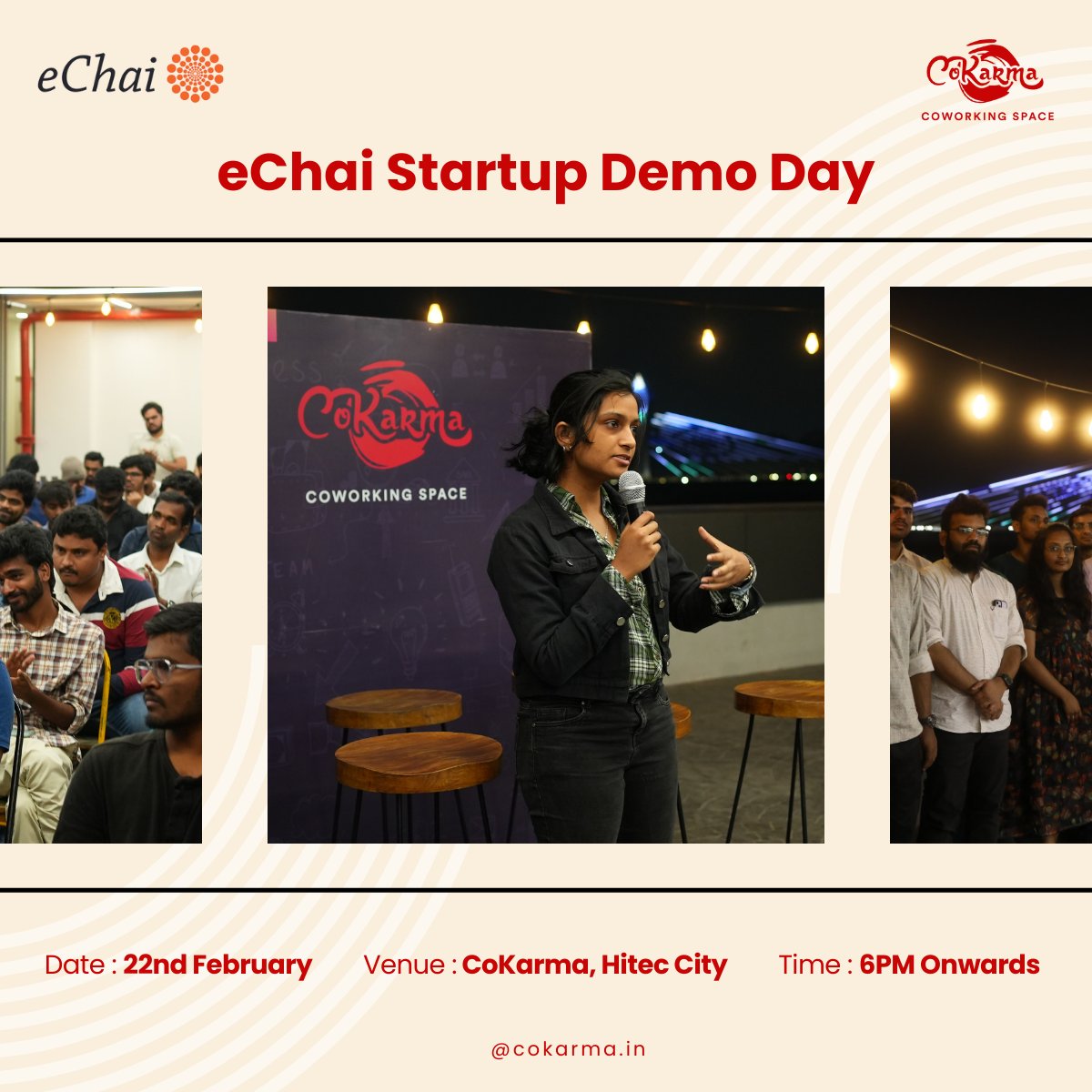 CoKarma_In's tweet image. Mark Your Calendars for eChai Startup Demo Day – February Edition! 🚀

📅 Date: February 22nd, 2025
⏰ Time: 6 PM
📍 Venue: CoKarma, Hitec City
g.co/kgs/KyMMKGK

🎟 Register Now: echai.ventures/events/echai-s…

📢 Want to Pitch Your Startup?
Apply Now: forms.gle/2N6rtJejV5huQv…