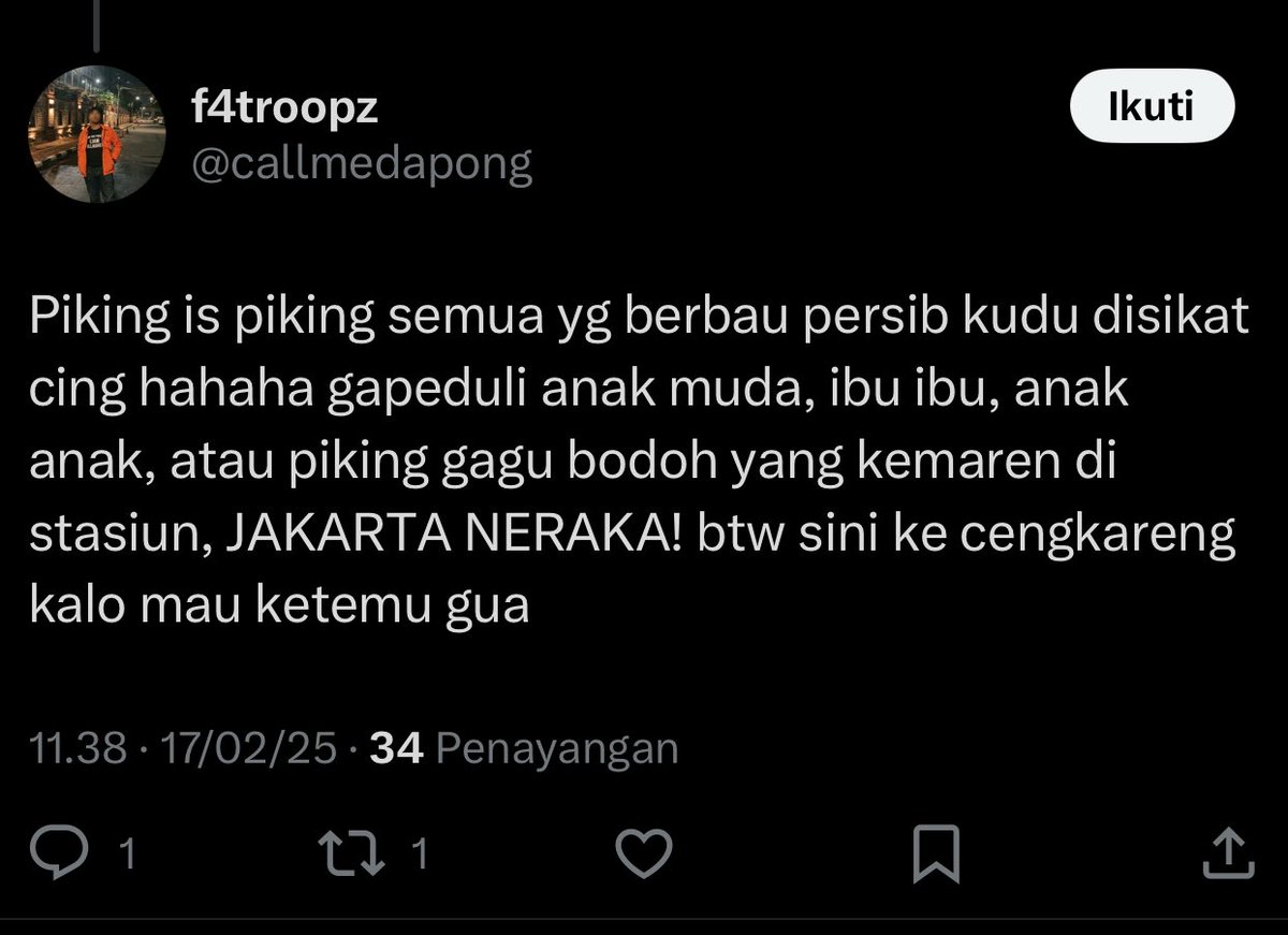 starttttoday's tweet image. Anak jak yg lagi pada kerja dan kuliah di bdg kasian loh bang, mereka udah enak enak gapernah ada yg jailin, bebas joging pake jersey persija di gasibu, bebas bentangin banner jak bandung. Kalo orang bdg pada goblok kaya lu sih udah pada diberakin tuh orang yg kost di sekeloa🤭