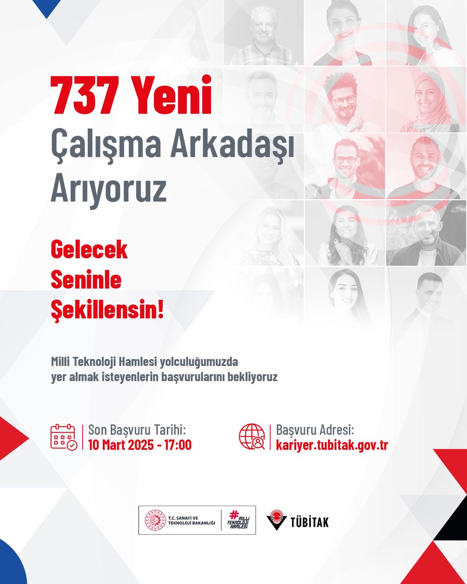 Tubitak's tweet photo. Milli Teknoloji Hamlesi yolculuğumuzda yer almak isteyenlerin başvurularını bekliyoruz! 💫

👩‍🔬👨‍💻 Ülkemizin ulusal ve uluslararası bilimsel başarılarını artırma yolunda önemli projelere katkı sağlayacak nitelikli insan kaynağını artırmayı hedefliyor; 7️⃣3️⃣7️⃣ yeni çalışma arkadaşı arıyoruz.

🔬🚀🛰️ Uzay teknolojilerinden savunma sanayiine, bilişim güvenliğinden raylı sistemlere kadar pek çok alanda yürütülen projeler, yeni çalışma arkadaşlarımızın katkılarıyla daha da güçlenecek. 🤗

Son başvuru tarihi:
🗓️ 10 Mart 2025
⏰ 17.00

Başvuru için: 👇
https://t.co/NCnbNxjcQN