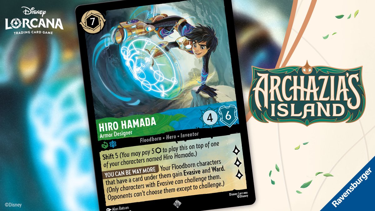 DisneyLorcana's tweet image. There’s no better glimmer to tackle the obstacles on Archazia’s Island than Hiro. With a new tech suit of
armor of his own making, he jumps into the traps with hover boots, holographic shield, and plenty of
smarts. disneylorcana.com #Disney #ArchaziasIsland