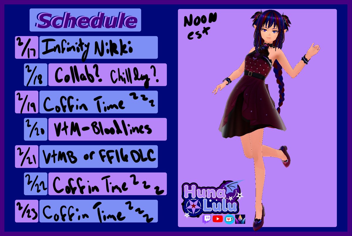 Hunalulu_VT's tweet photo. Good night, Crypt Lurkers

Had some trouble with the schedule and setting something up but got it all figured out now yes yes, prolly, tues is a lil up in the air. Anyway here's your favorite #Vtubers #Schedule post for this week! See you noon est each day! https://t.co/D9J4tAQrrr