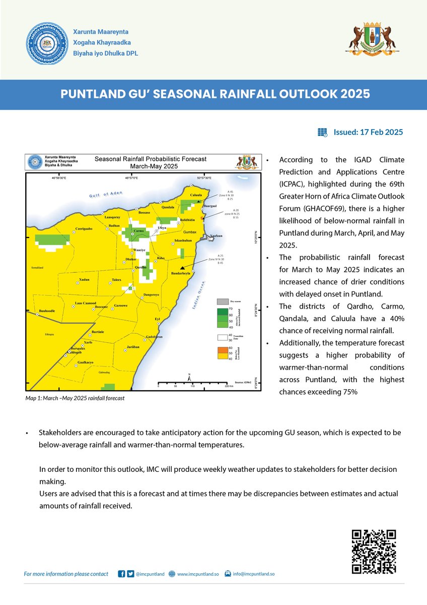 🚨 Puntland Gu’ 2025 Seasonal Rainfall Outlook 🚨

🔗 Stay updated: @imcpuntland | imcpuntland.so