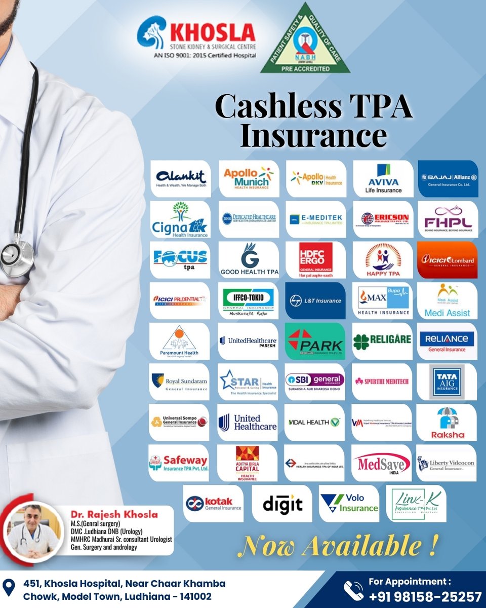 khosla_stone's tweet image. At Khosla Kidney Stone &amp;amp; Surgical Centre, we offer Cashless TΡΑ Insurance for hassle-free healthcare, ensuring expert care without upfront costs and peace of mind.

☎ 98158-25257
🌐khoslastonekidney.com

#khoslakidneystone #surgicalcentre #cashlessinsurance #ludhiana