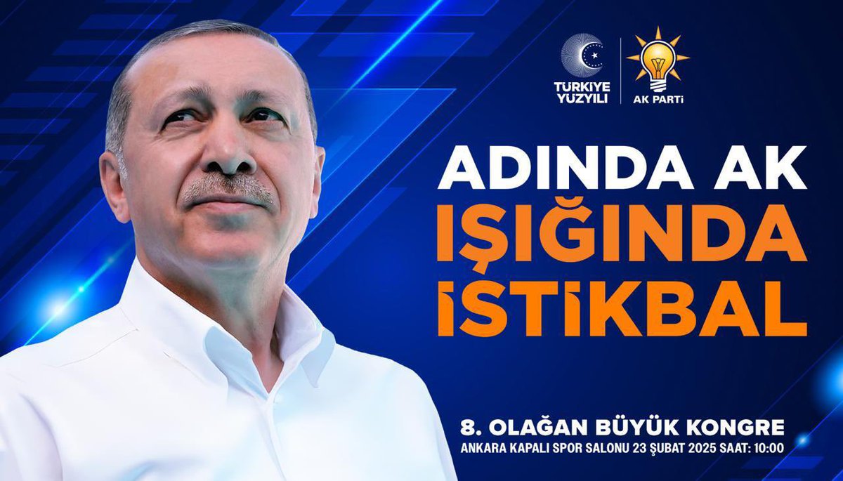 Adında AK, Işığında İstikbal.

Türkiye Yüzyılı’nın ilk büyük kongresine ülkemizin dört bir yanındaki vatandaşlarımızı davet ediyoruz.

📅 23 Şubat 2025
⏱️ 10.00
📍 Ankara Kapalı Spor Salonu