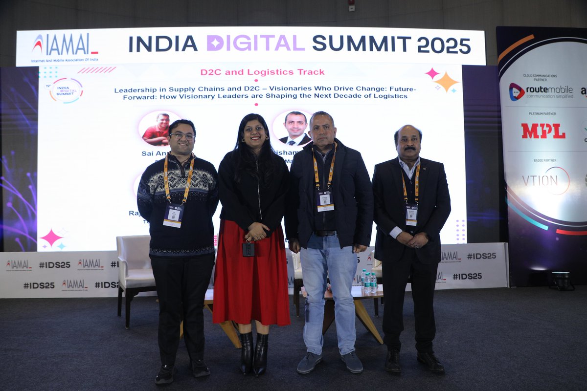 At the India Digital Summit 2025, Mr. Sai Anurag Lakkaraju, Mr. Rajkiran Kanagala,  Ms. Soumya Kant, Mr. Swagat Sarangi, and Mr. Bhisham Bhateja, shared their insights on how visionary leaders are revolutionizing the logistics and D2C sectors, paving the way for a smarter future.