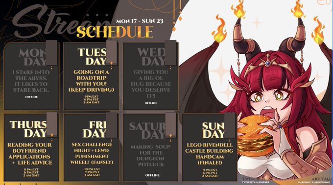 THIS WEEK'S SCHEDULE!✨⚔️(FEB 17 - 23) 
YOU'RE A WHOLE SNACK ;) edition
? eondriver https://t.co/azpP