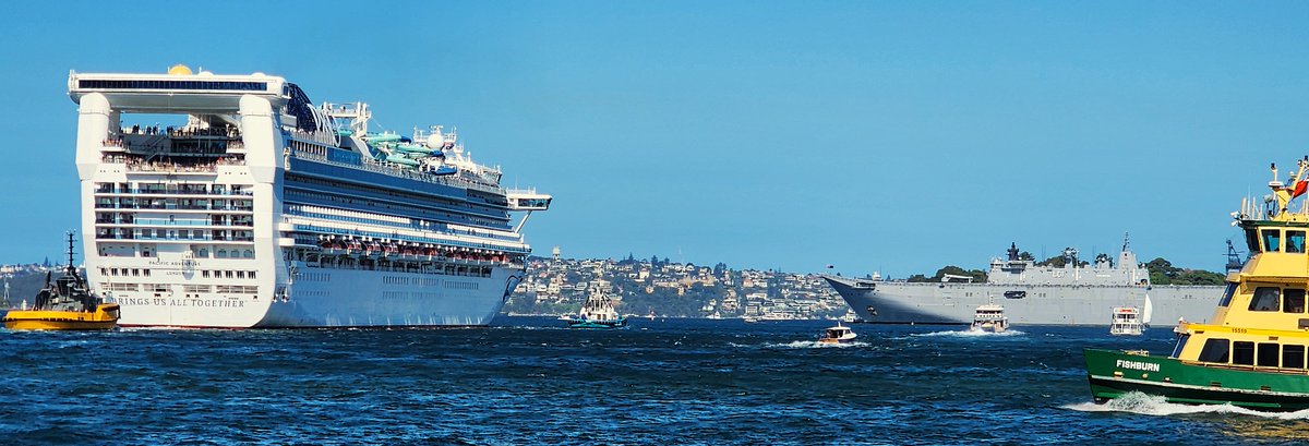 TonySowersby's tweet photo. All sorts of ships on Sydney Harbour.
#Warrane #portjackson #sydneyharbour #cruiseship #ferry #tugboats #warship https://t.co/ftME7FR1fW