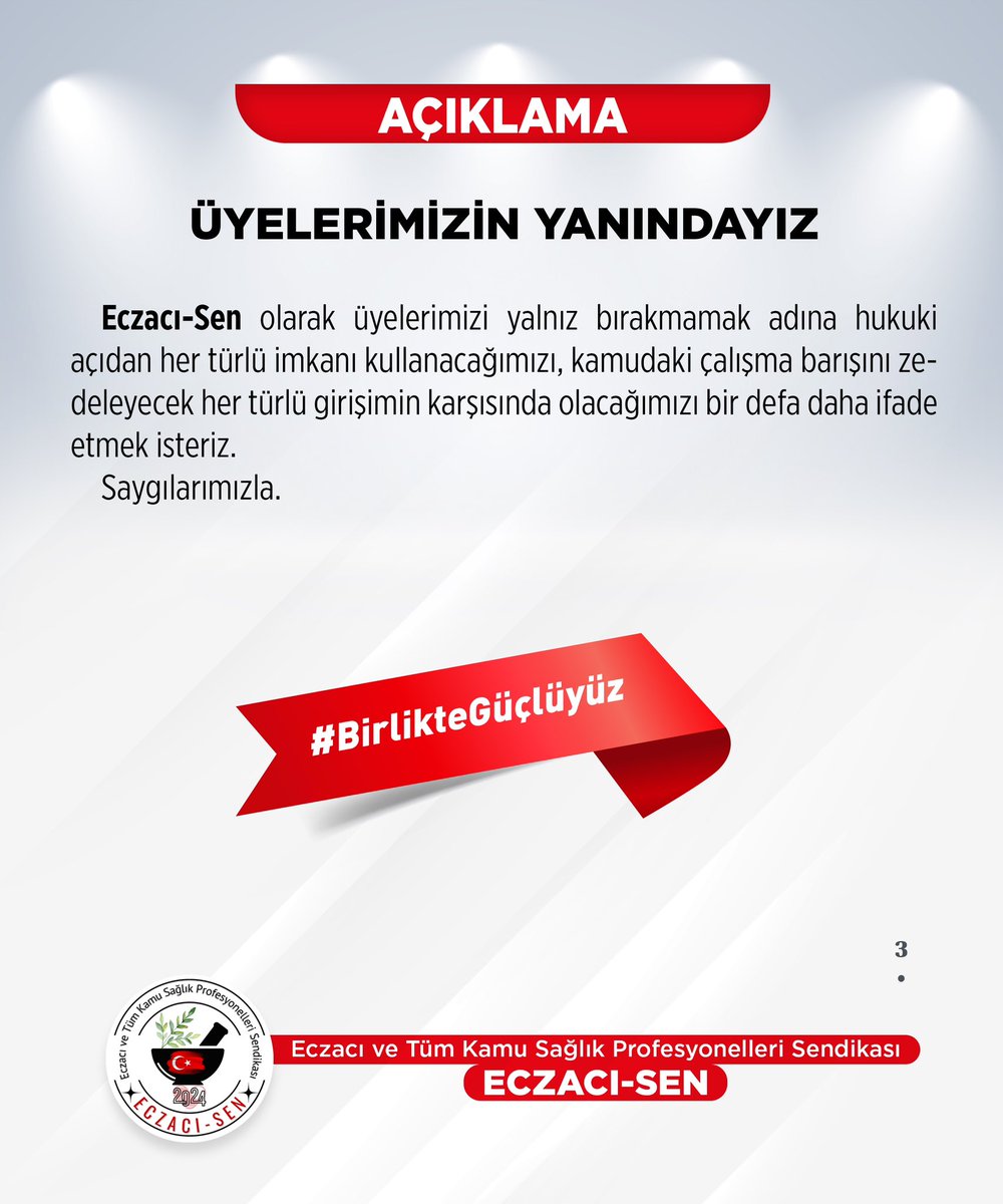 SAĞLIKTA ÇALIŞMA BARIŞINI BOZACAK
UYGULAMALARIN KARŞISINDAYIZ

Eczacı-Sen olarak üyelerimizi yalnız bırakmamak adına hukuki açıdan her türlü imkanı kullanacağımızı, kamudaki çalışma barışını zedeleyecek her türlü girişimin karşısında olacağımızı bir defa daha belirtmek isteriz 👇