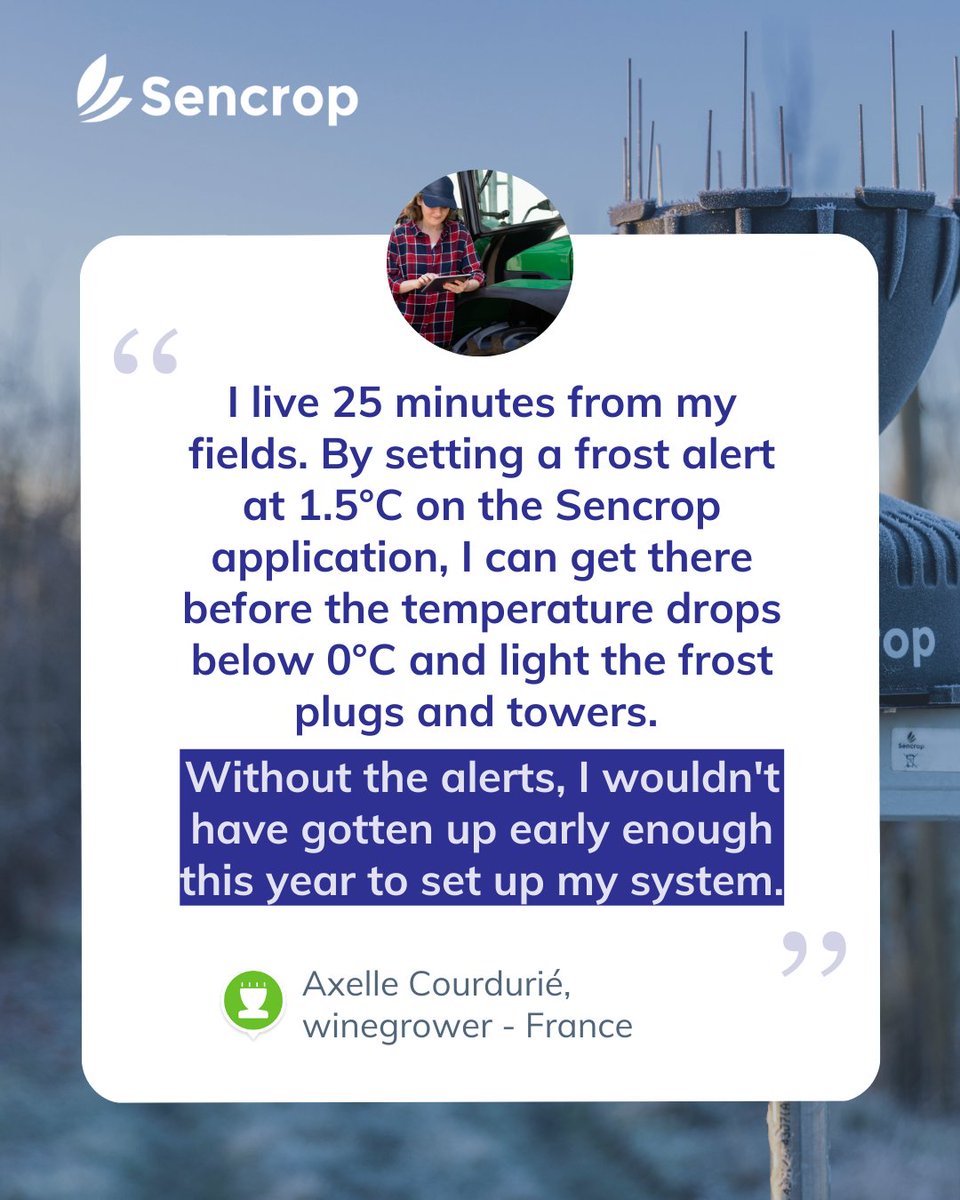 Like Axelle, equip yourself with Sencrop and never be caught off guard by frost on your crops! ❄️

➡️ Anticipate frost risks up to 4 days in advance
➡️ Set up frost alerts based on your preferences

Find out more about our app and weather stations via the link in our bio 🔗