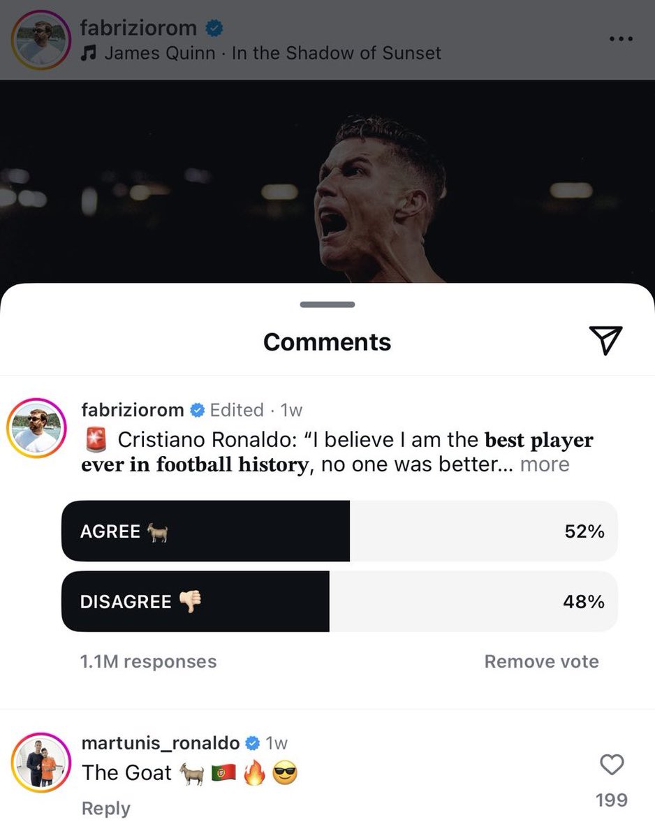 🚨📊 Cristiano Ronaldo : “𝐉𝐞 𝐬𝐮𝐢𝐬 𝐥𝐞 𝐦𝐞𝐢𝐥𝐥𝐞𝐮𝐫 𝐣𝐨𝐮𝐞𝐮𝐫 𝐝𝐞 𝐥’𝐡𝐢𝐬𝐭𝐨𝐢𝐫𝐞.”

Suite à cette déclaration de CR7, Fabrizio Romano a lancé un sondage pour recueillir l’avis des fans de football.

Verdict ? 52% des votants estiment que Cristiano Ronaldo est