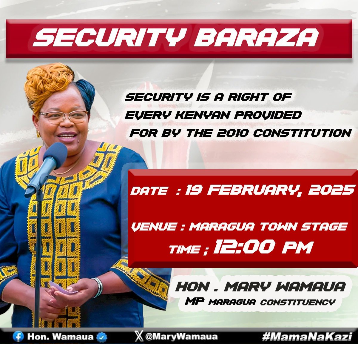 MaryWamaua's tweet photo. SECURITY BARAZA- MARAGUA TOWN

Let's come together to discuss security in our community. By sharing insights and collaborating, we can create effective strategies for a safer environment. Your input is valuable—together, we can make a positive impact! https://t.co/hGE4iJDc1u