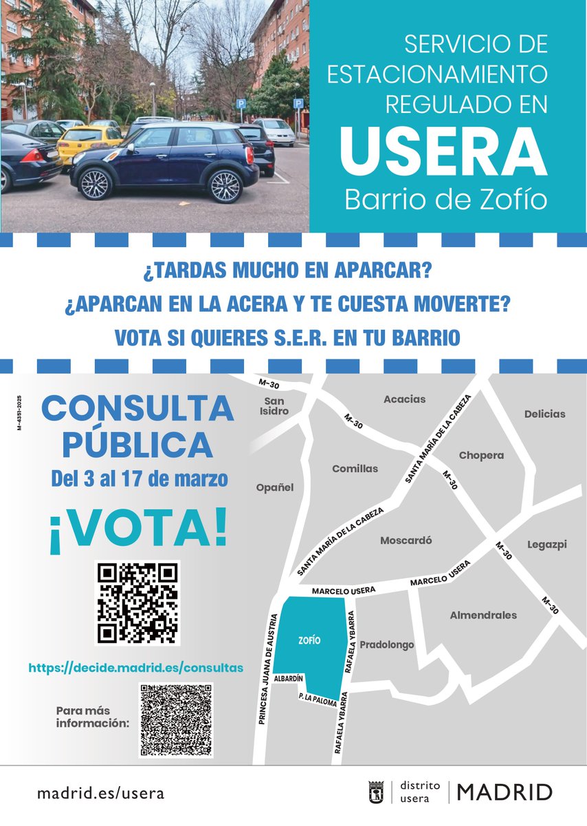 jmd_usera's tweet photo. 📌#Usera inicia desde hoy la campaña para la implantación de la #zonaSER en el barrio de #Zofío 🚘
📍La fase informativa se desarrollará hasta el 28 de febrero y la #votación, del 3 al 17 de marzo
Con @DecideMadrid
Te lo detallamos en el blog:
https://t.co/j1V0YImTym https://t.co/ERLnuU74yw
