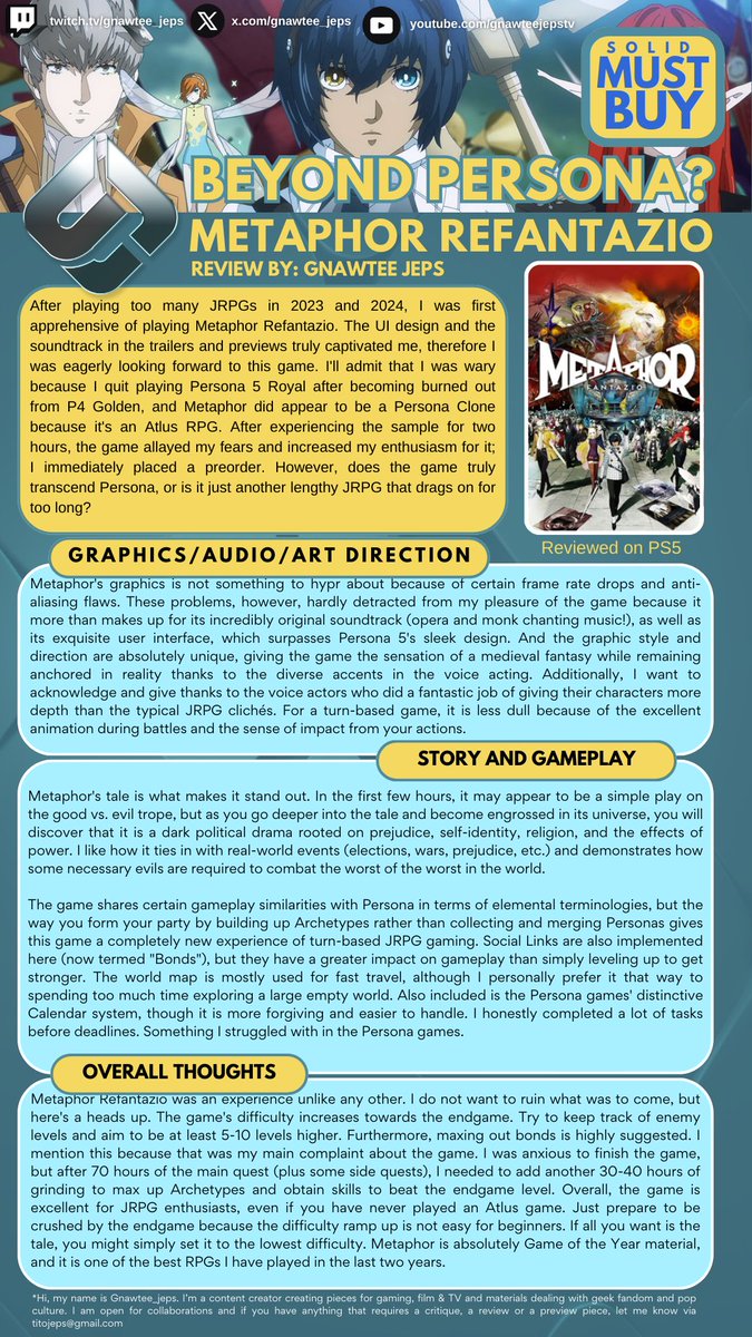 Gnawtee_Jeps's tweet photo. Metaphor: ReFantazio Review: Does it Go Beyond Persona?

This RPG, developed by the creators of Persona, but can it live up to expectations? I discuss its turn-based combat, stunning visuals, and fascinating tale. Is this the next RPG masterpiece? https://t.co/zpqXn6ajMI