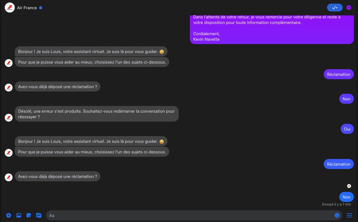 KevinNavette's tweet photo. @AirFranceFR C'est bizarre quand même que votre super assistant virtuel arrête la conversation quand on parle de réclamation https://t.co/HCrCd7QoWl