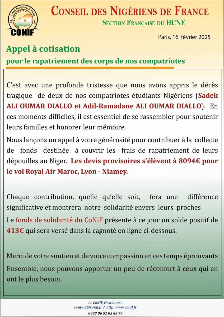 aboubacarybarma's tweet photo. #Niger #Nécrologie
Suite au décès tragique, vendredi dernier à #Lyon dans un accident, des frères Sadek et Adil-Ramadane ALI OUMAR DIALLO, le Conseil des Nigériens de France (#CONIF), lance un appel à la solidarité pour le rapatriement des corps des 2 étudiants (19 et 22 an). https://t.co/AyAmYX1cmm