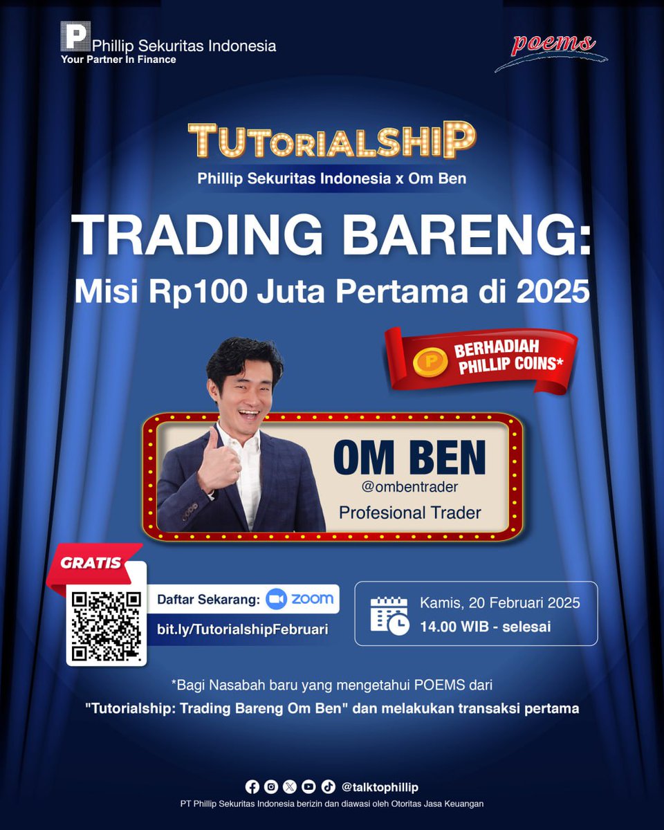 TalkToPhillip's tweet photo. Waktunya Trading Bareng Om Ben🥳
20 Februari 2025 | 14.00 WIB - selesai
Berhadiah Phillip Coins bagi yang berhasil memenangkan kuis. Yuk, daftar melalui link ini 👉 https://t.co/tV4N83VbSO
Mari, kita usahakan Rp100 juta pertama di tahun 2025 ini!
#TalktoPhillip #DuitYangKerja https://t.co/lS3bjLynjQ