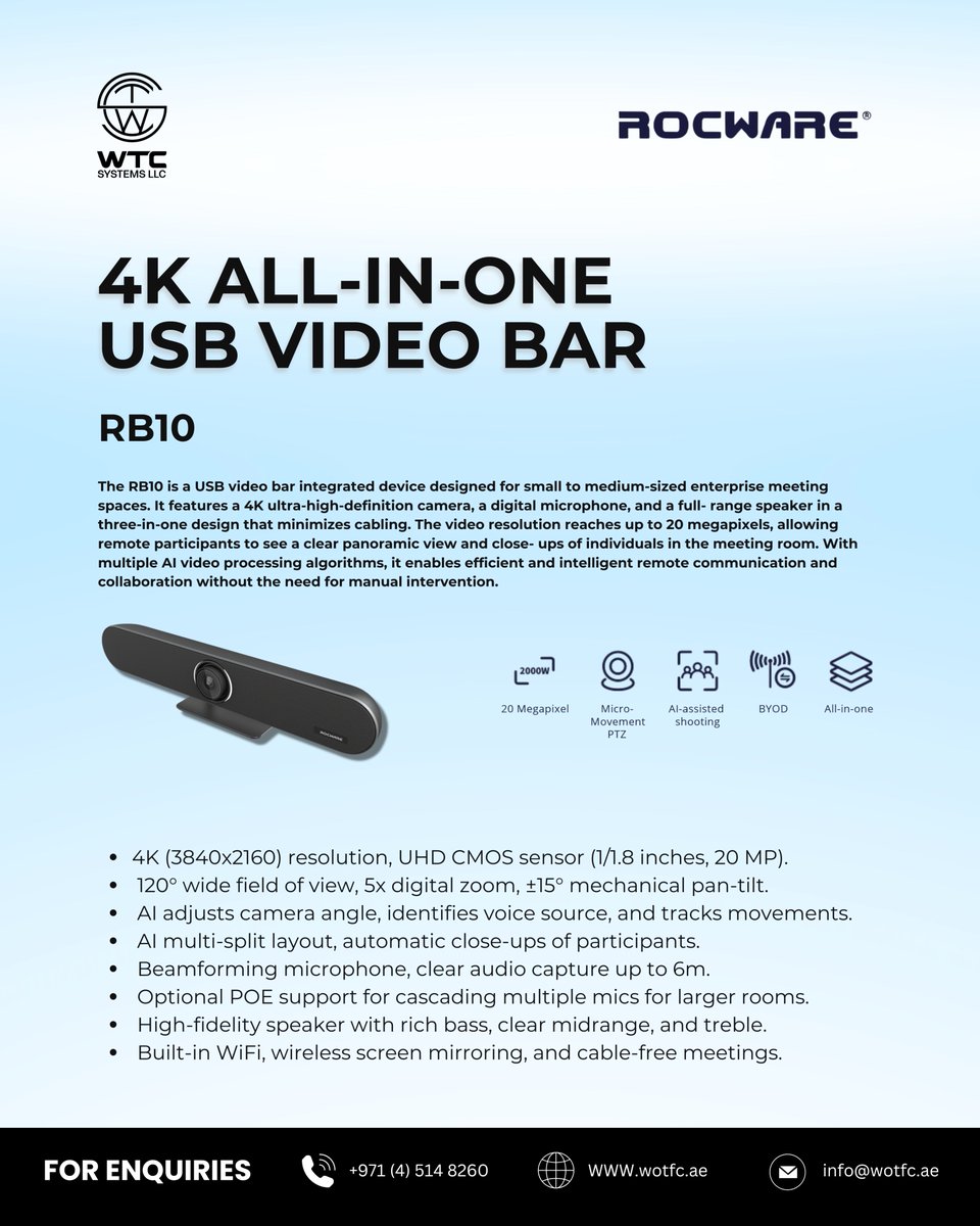 WTC_SYSTEMS_LLC's tweet image. Transform your meeting rooms with the ROCWARE RB10, an all-in-one USB video bar designed for seamless collaboration and intelligent communication.

wotfc.ae

#WOTFC #wtcsystems #ROCWARE #USBVideoBar #4KVideoConferencing #SmartMeetings #BusinessSolutions #Seamless
