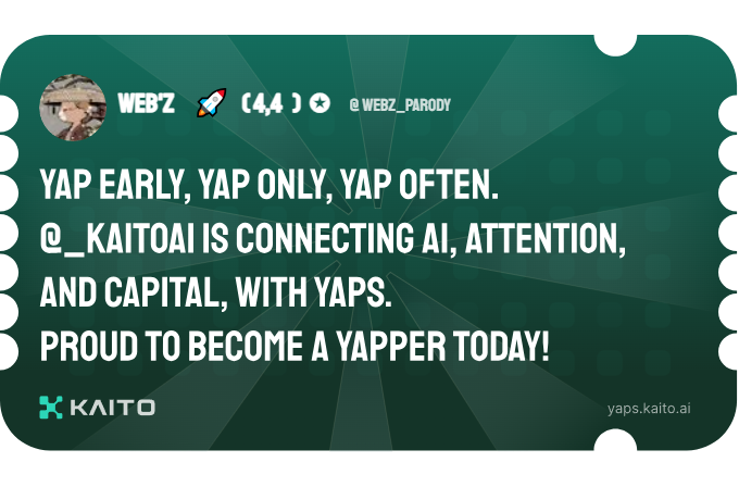 WebZ_PARODY's tweet photo. Yap early, yap only, yap often.

@KaitoAI is connecting AI, attention and capital with Yaps.

Just claimed my social card and I'm accumulating Yap points in real-time.

Claim yours 👉 https://t.co/26oFLbA7IQ https://t.co/a0WjvELJDE