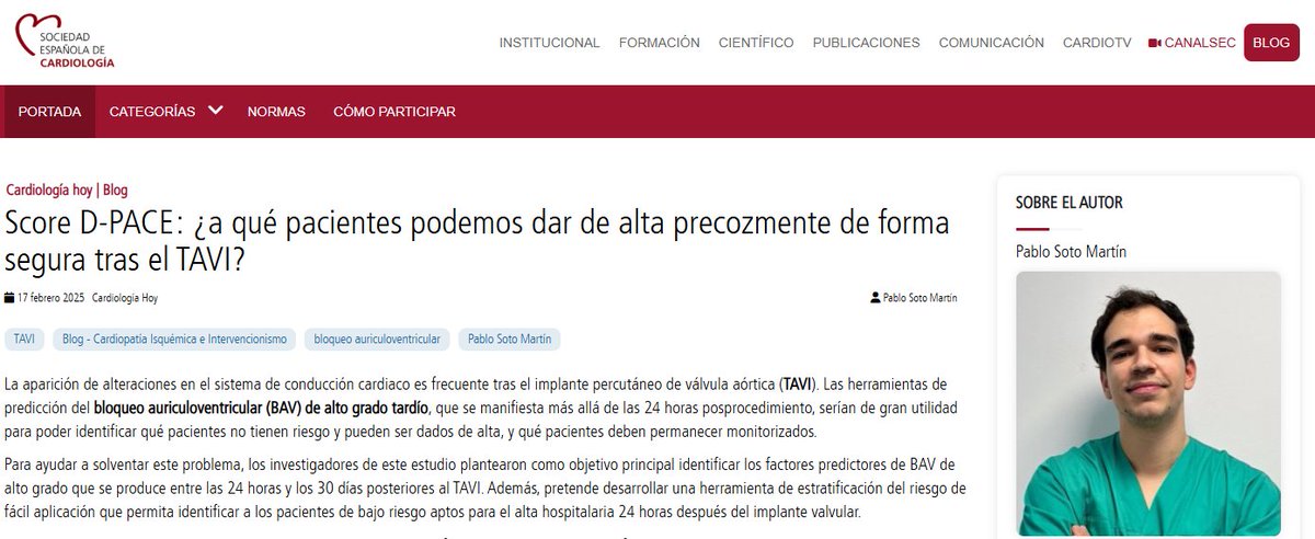 .<a href="/psottto/">Pablo Soto</a>: “El score D-PACE es una herramienta útil y de fácil aplicación para identificar pacientes aptos para alta precoz tras TAVI, siempre que se realice una evaluación integral que considere otras complicaciones del procedimiento. #BlogSEC <a href="/JovenesSec/">JóvenesSEC</a> ow.ly/ReHN50V14Fp