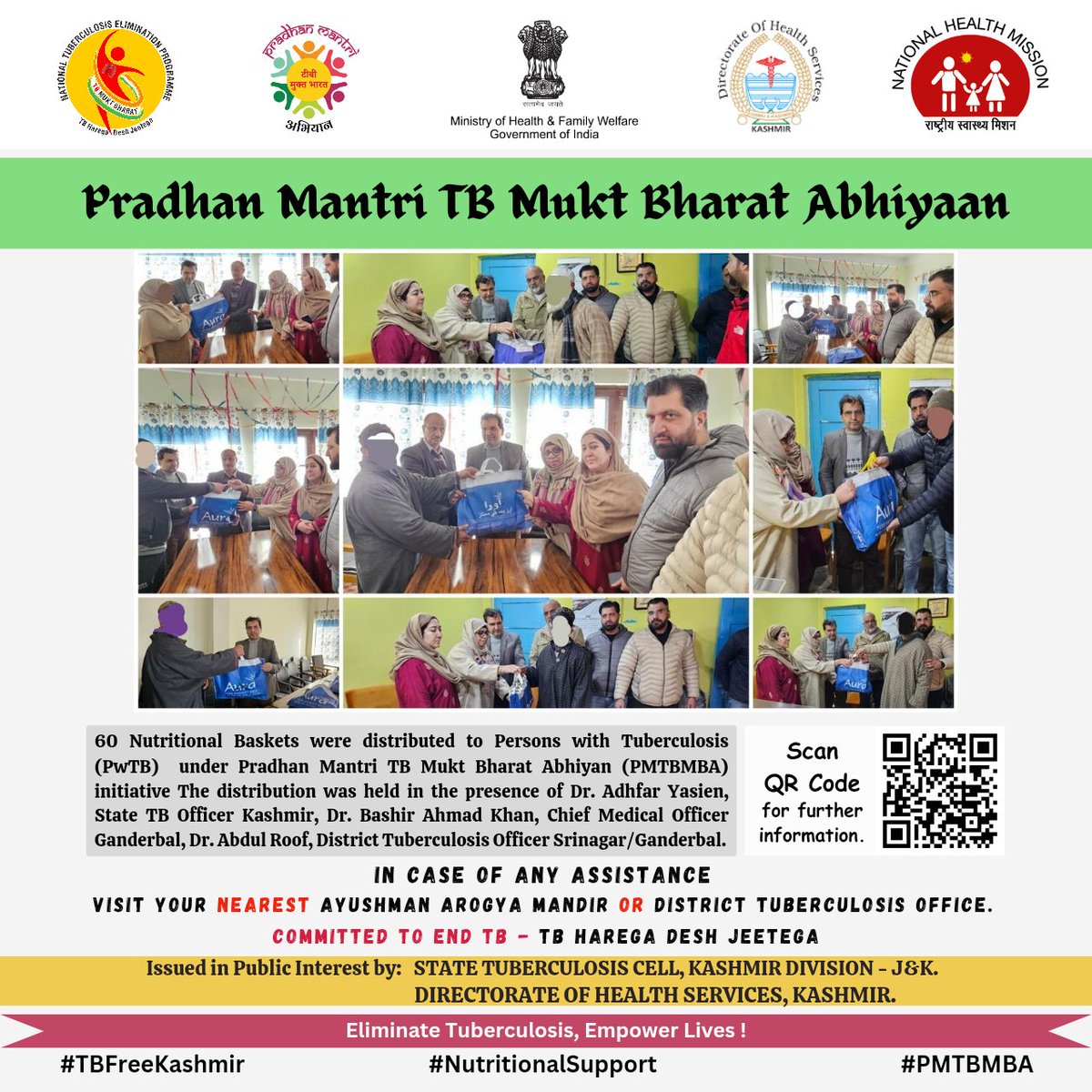 NTEP_Kashmir's tweet photo. 60 Nutritional Baskets were distributed to Persons with Tuberculosis (#PwTB) under the #PMTBMBA initiative. The distribution was held in the presence of STO Kashmir, CMO Ganderbal, DTO Srinagar/Ganderbal.
#NutritionalSupport #TBMuktBharat #EndTB
@dcganderbal @CentreGanderbal https://t.co/t8T7O8Lm72