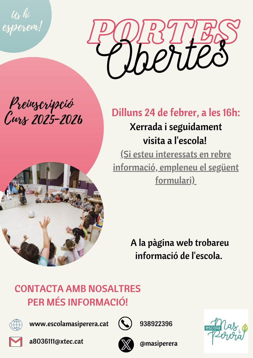 📌 Vine a conèixer el projecte educatiu de l'escola a la Jornada de Portes Obertes, el proper dilluns 24 de febrer a les 16h! #portesobertes #preinscripció25

+ informació a: escolamasiperera.cat

Us hi esperem! 💚