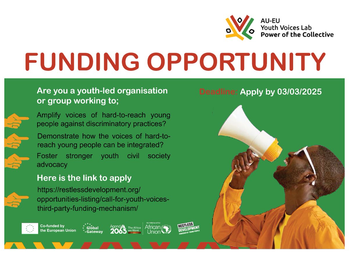 📢Grant opportunity for youth-led organisations and groups 🌍✨

The <a href="/aueuyouthvoices/">AU-EU Youth Voices Lab - Power of the Collective</a> is offering small grants to support impactful youth-led initiatives as part of the Youth Voices Third-Party-Funding Mechanism (YV-TPFM). If your organisation amplifies the voices of