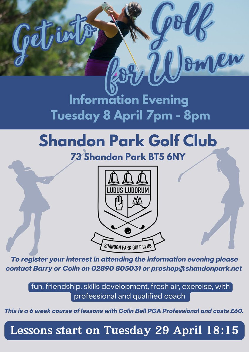 🌟 Get into Golf for Women! ⛳💙

Looking to try something new this Spring?  Join our 6-week golf programme🏌️‍♀️Fun, fitness &amp; friendship
📅 Info Evening: 8 April 19:00-20:0
📩 Register: 02890 805031 / proshop@shandonpark.net
Tag a friend &amp; let’s get swinging! ⛳ #GolfForWomen