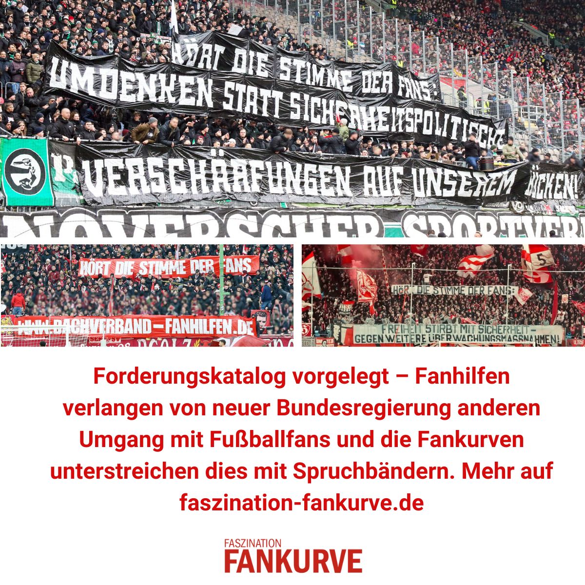 Basierend auf dem Forderungskatalog der Fanhilfen unterstrichen am Wochenende viele Fankurven dieses Anliegen mit Spruchbändern. Mehr dazu auf ➡faszination-fankurve.de/news/94629/for…