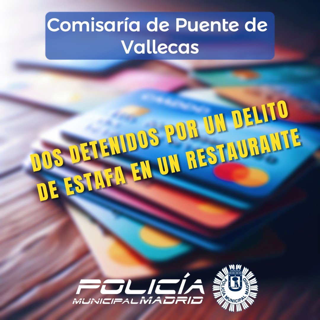 🚨Agentes de #PuenteDeVallecas 🚔 localizan 13 tarjetas de crédito💳 robadas que estaban siendo utilizadas para cometer 𝗱𝗲𝗹𝗶𝘁𝗼𝐬 𝗱𝗲 𝗲𝘀𝘁𝗮𝗳𝗮  en un restaurante.
➡️Hay dos personas detenidas.
➡️En la inspección al local se descubrieron escondidos bajo unos muebles más