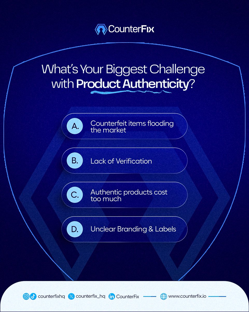 counterfix_hq's tweet photo. The challenges Counterfeiting bring aren’t always the same for everyone. Is it the flood of fake products, the struggle to verify authenticity, high costs, or unclear branding? Let’s talk—what’s your biggest challenge when it comes to counterfeits? Drop your thoughts! #Counterfix https://t.co/WZmRDXxpvn