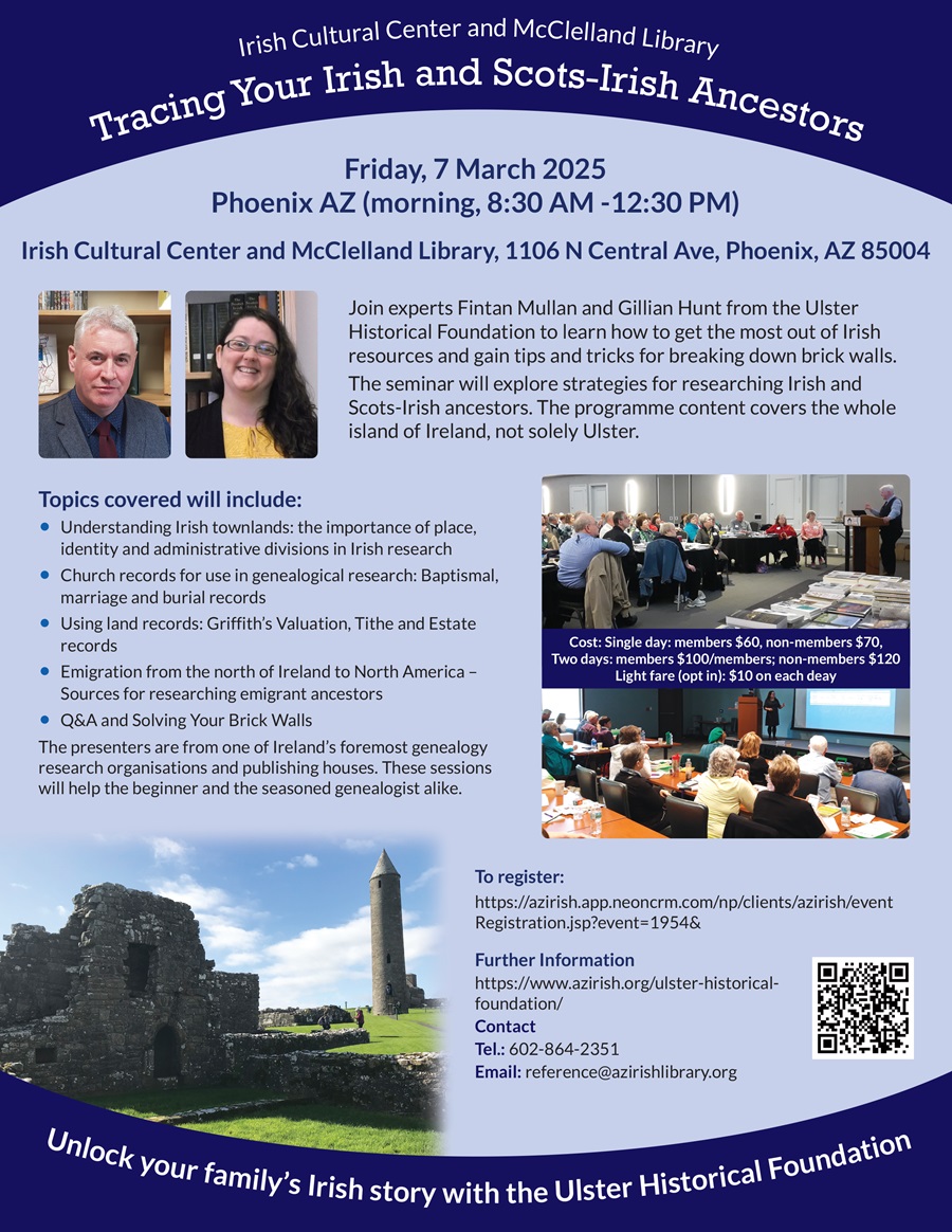 We are so looking forward to returning to <a href="/azirish_library/">McClelland Library</a> &amp; <a href="/azirishcenter/">AZ Irish</a> in #Phoenix, #Arizona on 6 &amp; 7 March for two #IrishGenealogy seminars! 

Visit: azirish.org/ulster-histori… for more information and to book your place

#2025IrishGenealogyTourUSA

#IrishFamilyHistory