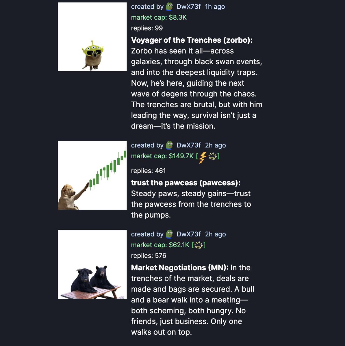 $zorbo 9k

$pawcess 150k

$MN 60k

Aped $zorbo 

CA 9xUKyrEFjZH1ZSKQyWRAXGnUc19ShAcXJuGt2qbXpump

Same Dev ( pump.fun/profile/DwX73f… )