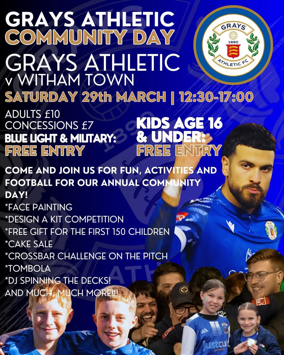GAFC Community Day 29.3.25 - Come and join us for fun, activities and football! Free entry to kids 16 and under and to our fabulous Blue Light services and military personnel 💙🔵⚪ <a href="/jencraftmp/">Jen Craft MP</a> <a href="/EssexPoliceUK/">Essex Police</a> <a href="/EssexFBU/">Essex FBU</a> <a href="/PoppyLegion/">Royal British Legion</a> <a href="/ECFRS/">Essex Fire Service</a> <a href="/Hirst4EssexPFCC/">Roger Hirst - for Essex</a> <a href="/BasHospCharity/">Basildon and Thurrock Hospitals Charity</a>