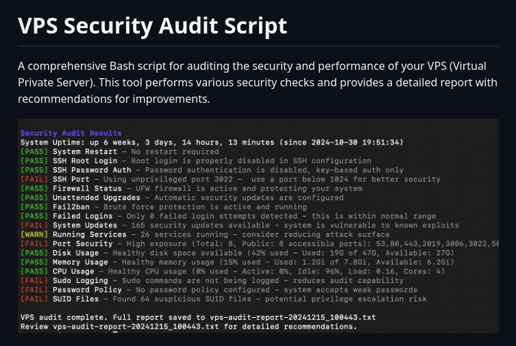 tom_doerr's tweet photo. Linux server audit script https://t.co/5RWWtA6xrG