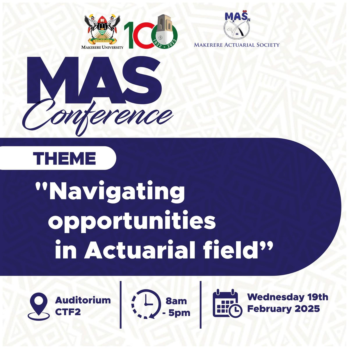 MakActuarialSoc's tweet image. The annual Mega Actuarial conference for the year 2025 is here, this Wednesday 19th Feb,2025 at CTF2 Auditorium @Makerere University.
Don&apos;t miss this as it comes once in a year.
#ActuarialEvents