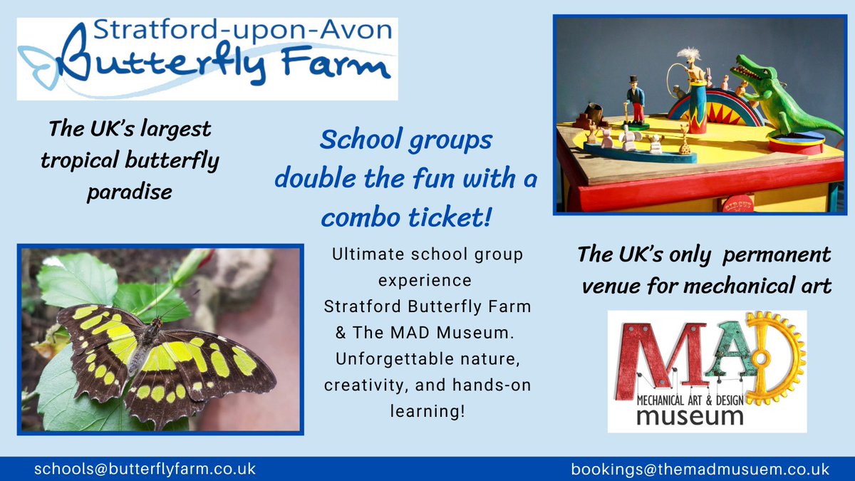 Enhance your students' learning with a joint visit to <a href="/theMADmuseum/">The MAD Museum</a> and <a href="/StratButterfly/">Stratford Butterfly</a>. This combined ticket offers an interactive experience with mechanical art and a guided tour of a tropical environment filled with exotic butterflies.

 bit.ly/43thZDs