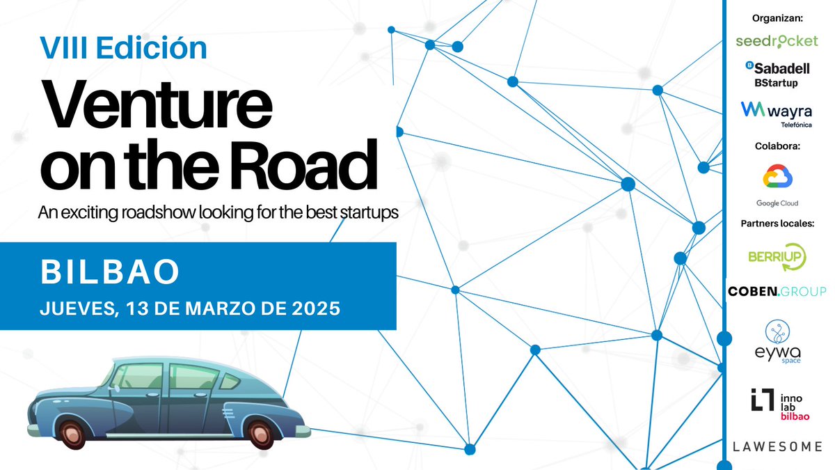 seedrocket's tweet photo. 📢 Atención #startups de 📍Euskadi

El 13 de marzo #VentureOnTheRoad 🚙 llega a Bilbao. 

Una gran oportunidad para presentar vuestros #proyectos ante #inversores 💶 y poder obtener financiación 🚀. 

Inscripciones abiertas hasta el 6 de marzo 🔗 https://t.co/SukdwWUjZN https://t.co/P6IlwXG1i7