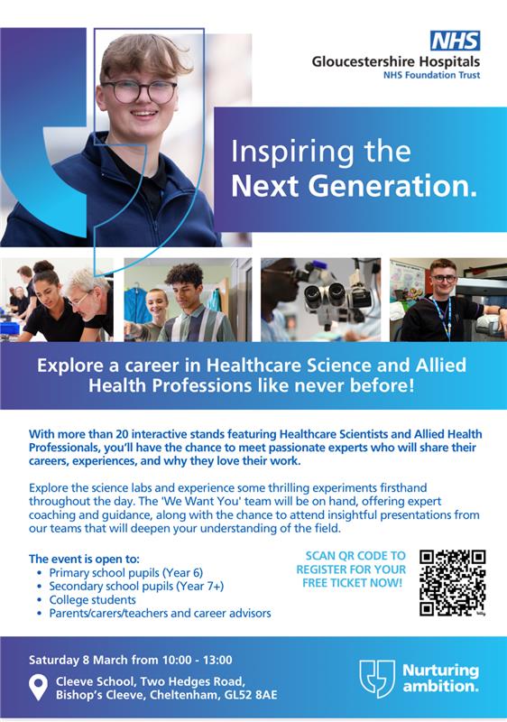 Interested   in a career in Healthcare Science? Or considered an apprenticeship or T Level   in Health care?
Join   our Apprenticeships and Careers Team, alongside a multitude of Healthcare   Science Professionals on 08/03/25 at Cleeve School. Information below!