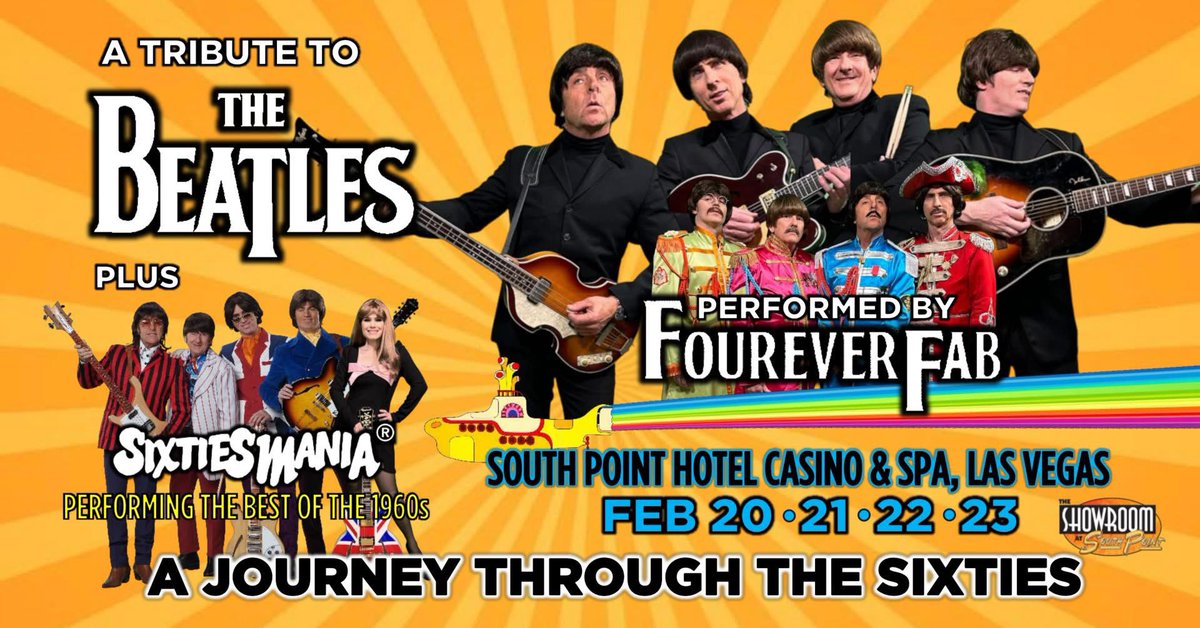 If you love #TheBeatles songs and #60smusic, don’t miss this week’s show by <a href="/FoureverFab/">FoureverFab</a> and #Sixtiesmania @60smania at <a href="/southpointlv/">South Point Hotel</a> in #LasVegas! Tickets> am.ticketmaster.com/southpoint/buy…. #VegasNights #TheMonkees #TheBeachBoys #TheRollingstones #TheKinks #CCR