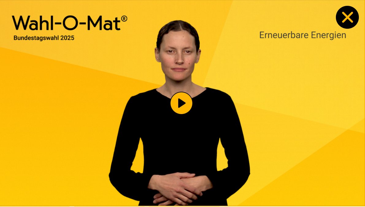 #Barrierefrei: Den Wahl-O-Mat gibt es auch in Deutscher Gebärdensprache (DGS)! Um zur Übersetzung in DGS zu kommen, einfach bei der These unten auf das Icon für DGS klicken... #Bundestagswahl  wahl-o-mat.de/bundestagswahl…
