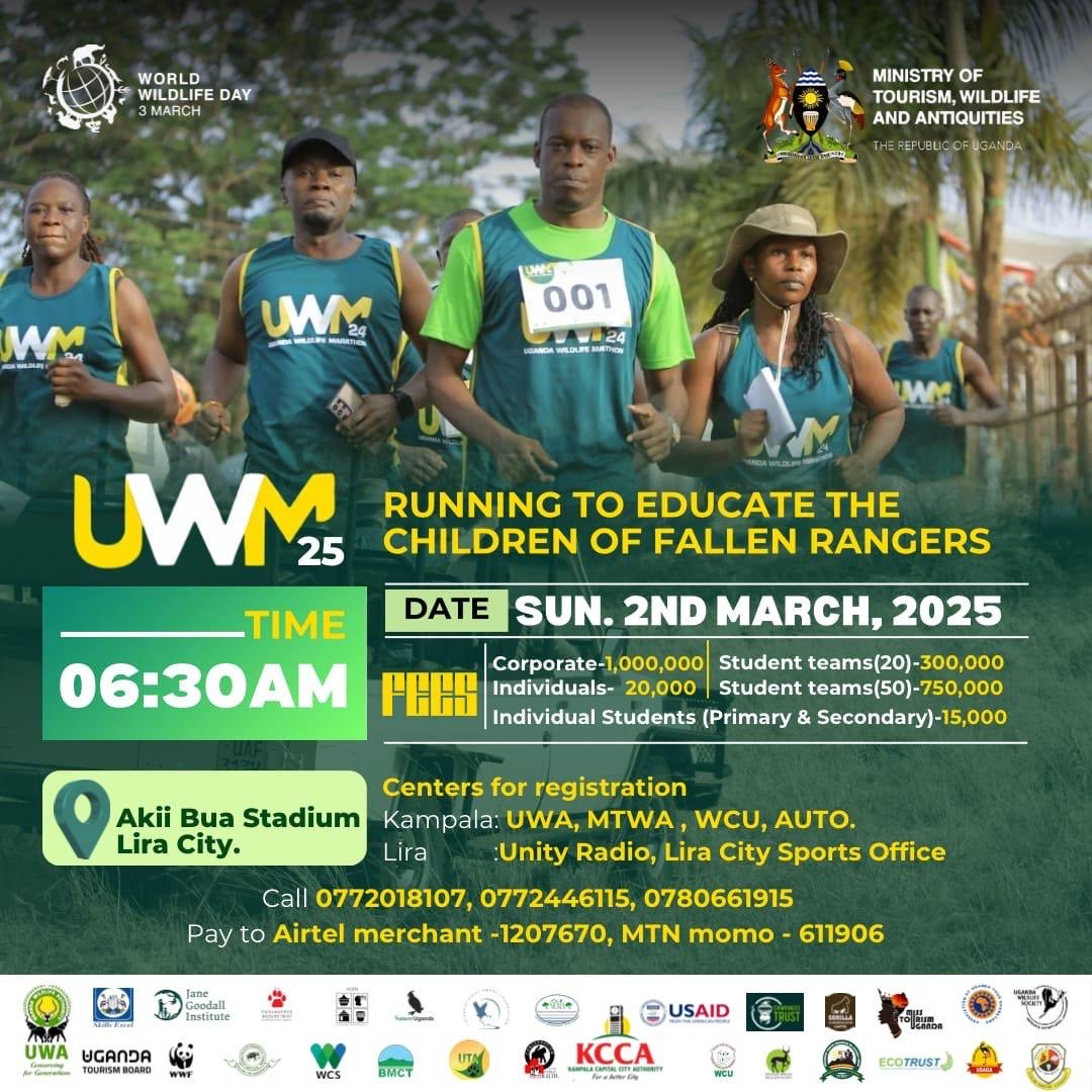 IamGloria250's tweet photo. The #UWARun will take place on March 2, 2025, at Akii Bua Stadium in Lira city, Funds raised from the marathon will help provide education for the children of wildlife rangers who lost their lives while on duty.

#WWD2025
 #WorldWildlifeDay2025
#ExploreUganda https://t.co/ud6NBzWl45
