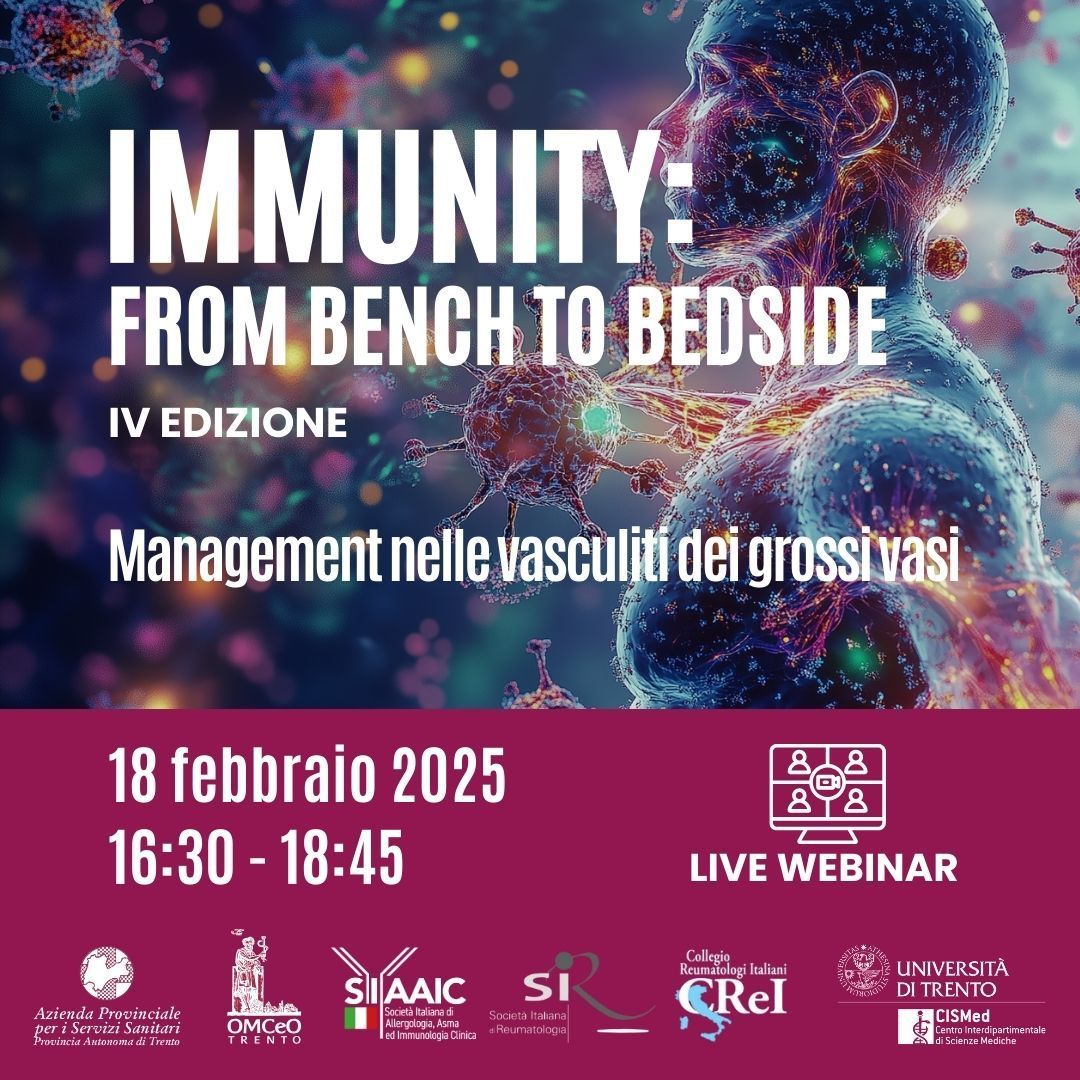 CISMed UniTrento (@unitrentocismed) on Twitter photo 🔬 Non perdere il primo appuntamento di "𝗜𝗺𝗺𝘂𝗻𝗶𝘁𝘆: 𝗳𝗿𝗼𝗺 𝗯𝗲𝗻𝗰𝗵 𝘁𝗼 𝗯𝗲𝗱𝘀𝗶𝗱𝗲" il 18 febbraio 2025 - webinar "𝑴𝒂𝒏𝒂𝒈𝒆𝒎𝒆𝒏𝒕 𝒏𝒆𝒍𝒍𝒆 𝒗𝒂𝒔𝒄𝒖𝒍𝒊𝒕𝒊 𝒅𝒆𝒊 𝒈𝒓𝒐𝒔𝒔𝒊 𝒗𝒂𝒔𝒊".
🔗Iscrizione su: buff.ly/3X3IK0m
<a href="/ApssTn/">Azienda provinciale per i servizi sanitari Trento</a> 🔬 Non perdere il primo appuntamento di "𝗜𝗺𝗺𝘂𝗻𝗶𝘁𝘆: 𝗳𝗿𝗼𝗺 𝗯𝗲𝗻𝗰𝗵 𝘁𝗼 𝗯𝗲𝗱𝘀𝗶𝗱𝗲" il 18 febbraio 2025 - webinar "𝑴𝒂𝒏𝒂𝒈𝒆𝒎𝒆𝒏𝒕 𝒏𝒆𝒍𝒍𝒆 𝒗𝒂𝒔𝒄𝒖𝒍𝒊𝒕𝒊 𝒅𝒆𝒊 𝒈𝒓𝒐𝒔𝒔𝒊 𝒗𝒂𝒔𝒊".
🔗Iscrizione su: buff.ly/3X3IK0m
<a href="/ApssTn/">Azienda provinciale per i servizi sanitari Trento</a>
